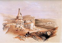 Гробница Авессалома. Гравюра Дэвида Робертса, 1839 г. Справа - мостик через Кедронский поток, уже тогда пересохший.